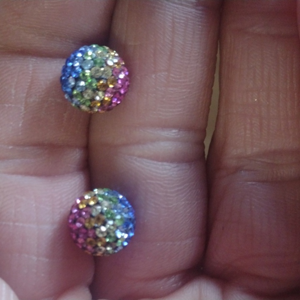 VINTAGE STERLING SILVER .925 MULTICOLOR PAVE CRYSTAL 8MM BALL STUD EARRINGS - Picture 4 of 9